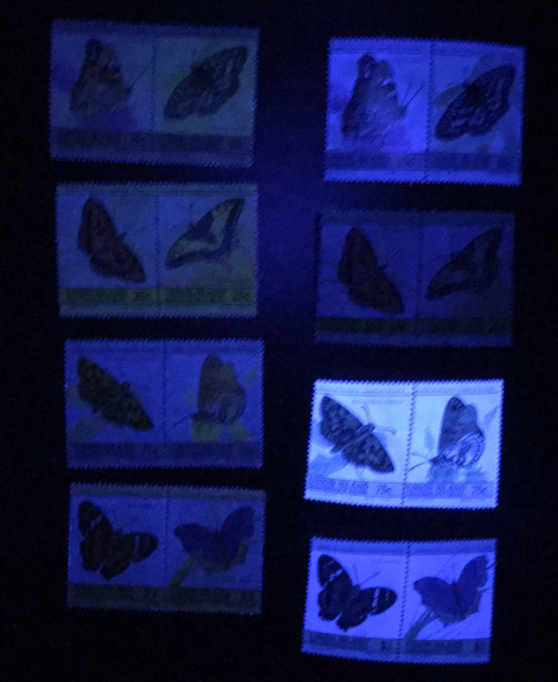 Saint Vincent Union Island 1985 Leaders of the World Butterflies Comparison of Forgeries with Genuine Stamps Under Ultra-violet Light Saint Vincent Union Island 1985 Leaders of the World Butterflies Comparison of Forgeries with Genuine Stamps Under Ultra-violet Light